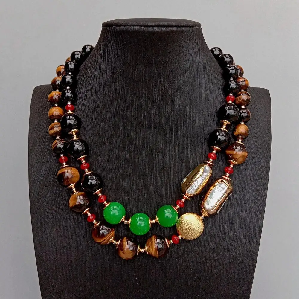 

KKGEM 2 Rows 12mm-16mm Tiger Eye Green Jade Onyx 16x32mm Cultured White Biwa Pearl Statement Necklace Fashion Jewelry