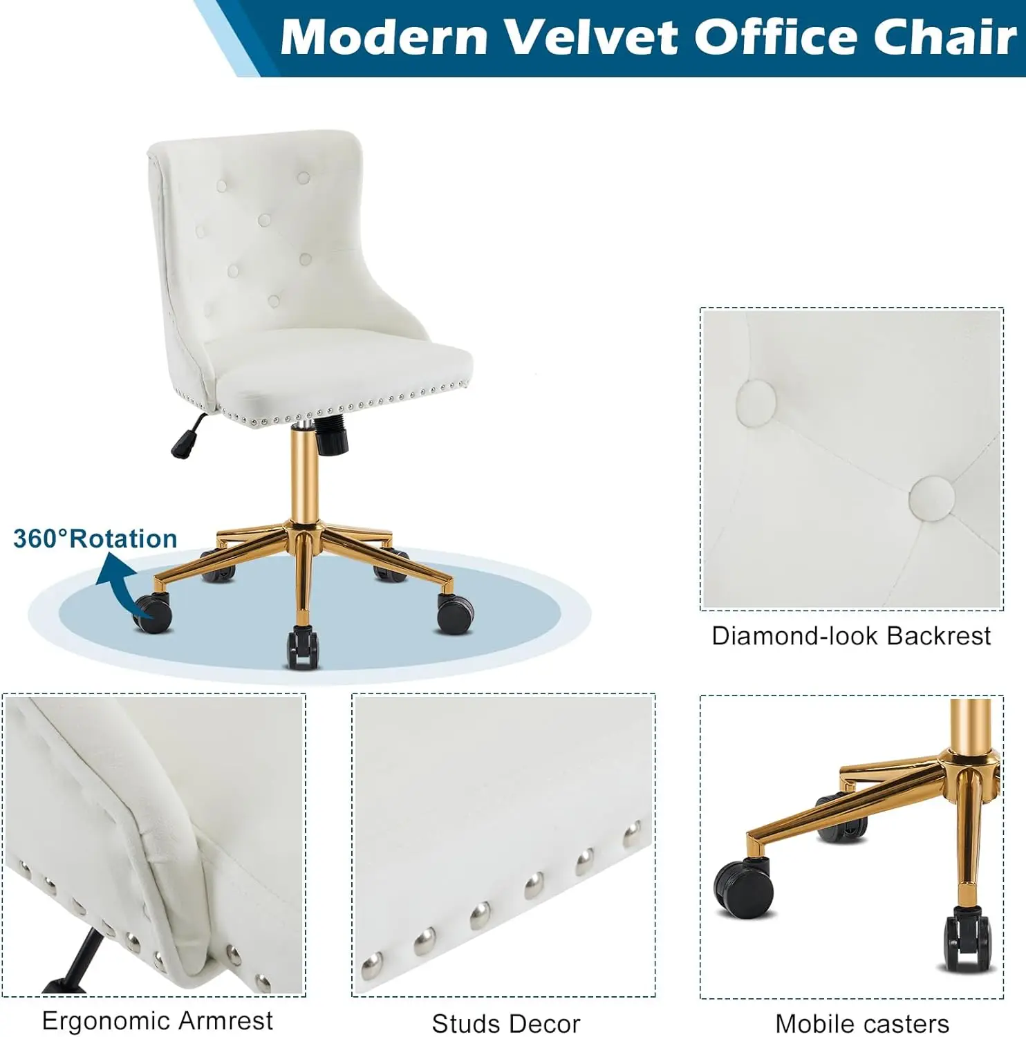 Silla de escritorio de oficina sin brazos de terciopelo blanco con base dorada - Silla de maquillaje pequeña para comodidad en el dormitorio