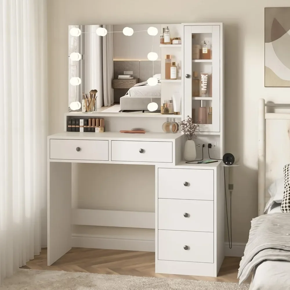 Vanity Desk with Mirror and Lights,Power Strip and 3 Color Lighting,5 Drawers,Nightstand and Storage Shelves