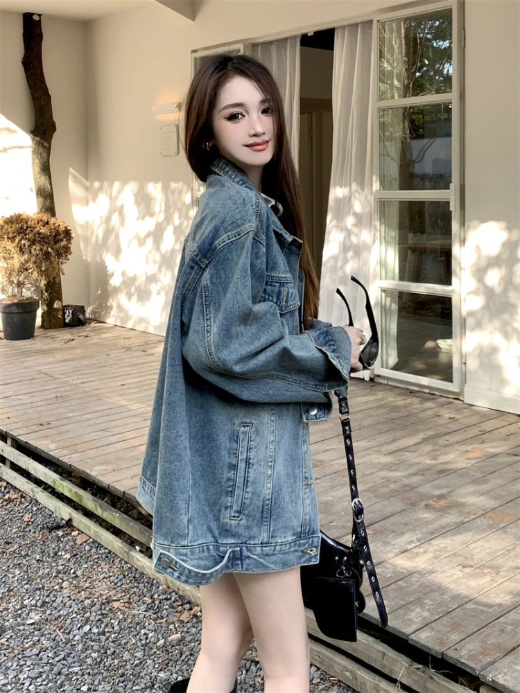 سترات الدنيم النسائية خمر BF معطف الخريف شارع العليا الشهيرة سيدة الكورية الموضة العصرية الشارع الشهير Y2k أبلى الجمالية Ins #3