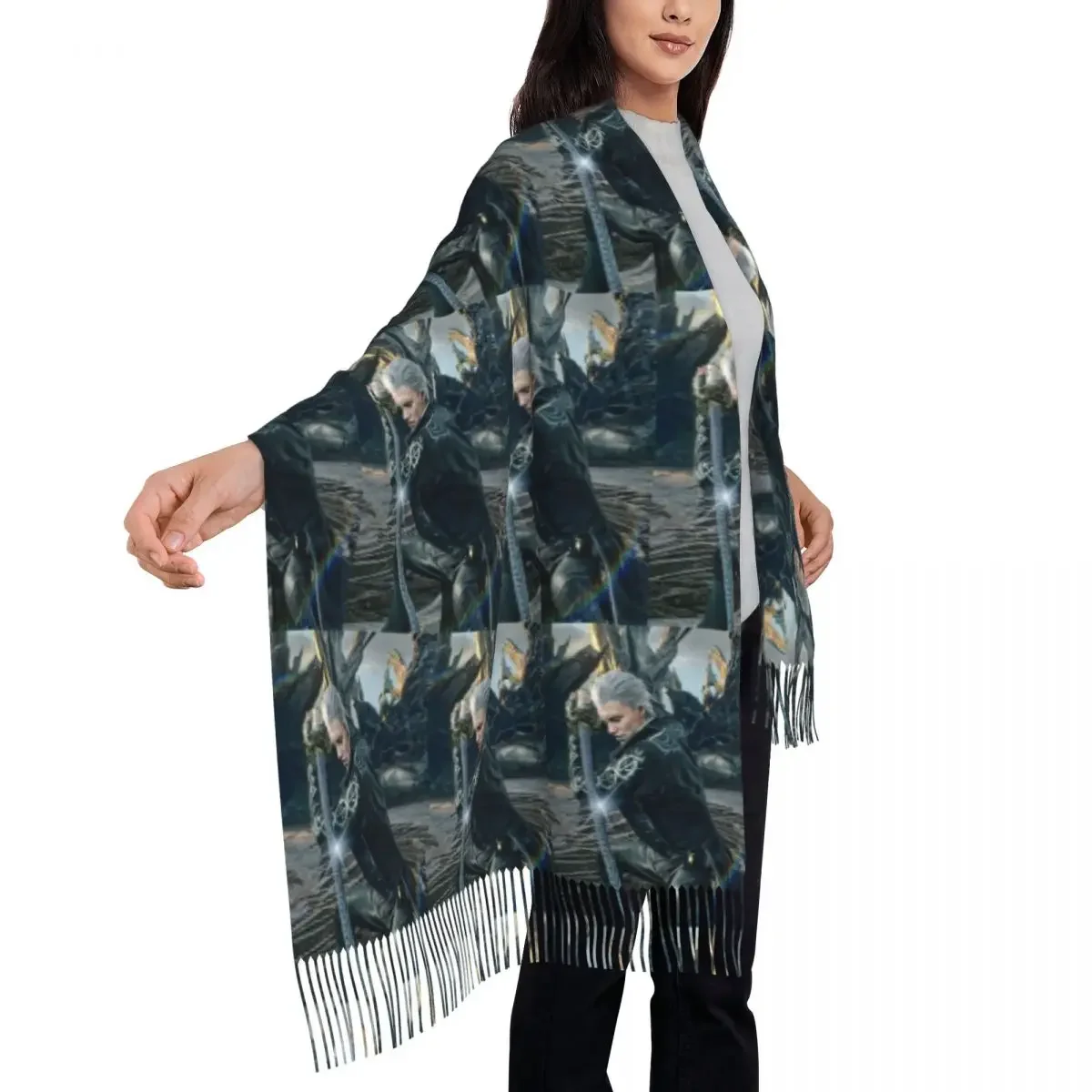 Vergil From The Devil May Cry Seri bufanda bufandas con borlas para mujer chales y chales suaves y cálidos chal grande para Otoño e Invierno