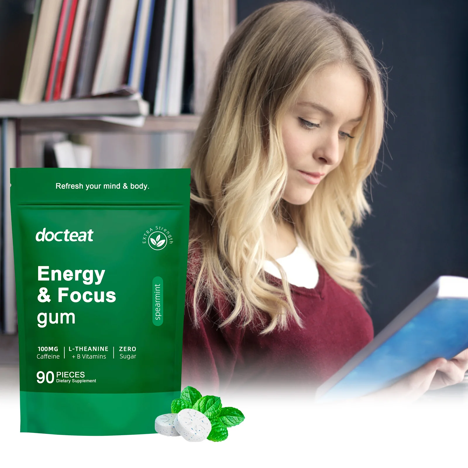 

Mint Caffeine Chewable Tablets for Mental Clarity & Concentration, 90 Count, Focus & Energy Dietary Supplement