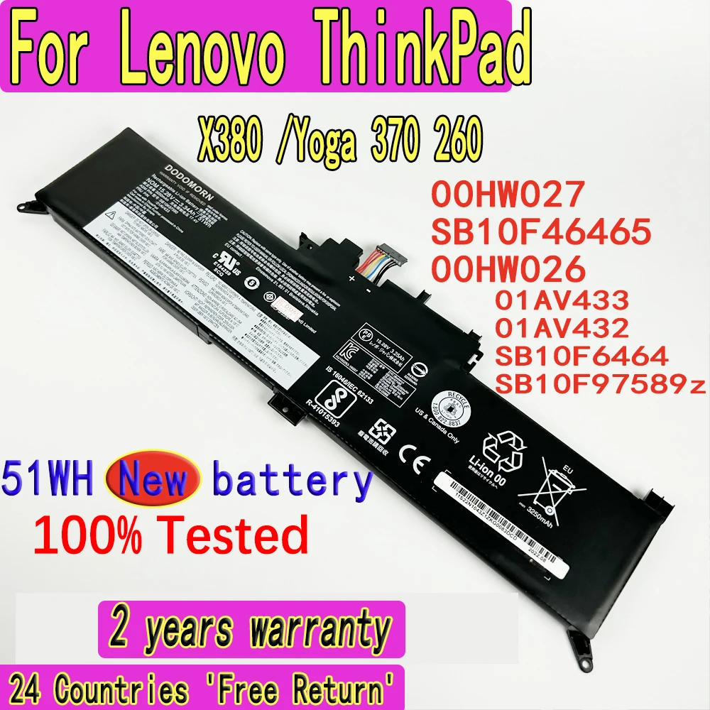 

New High Quality 01AV433 Battery For Lenovo ThinkPad X380 /Yoga 370 260 SB10F46465 00HW027 00HW026 01AV432 SB10F6464 SB10F97589z