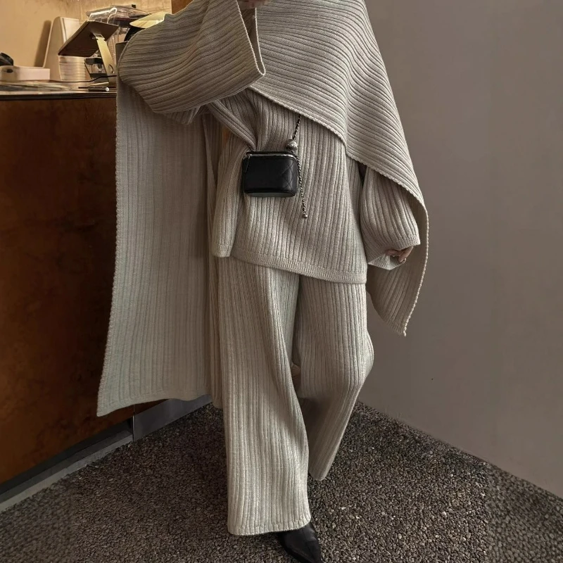 

American Solid Color Round Neck Twist Pullover Winter 2026 New Fashion Loose Knitted Sweater Wide-leg Pants Scarf Set for Women