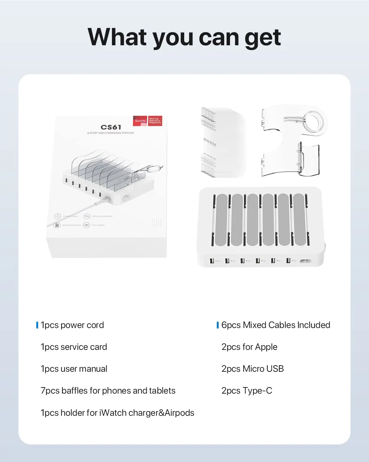 SooPii 50W/10A 6-Port USB Charging Station for Home and Office 6 Cables Included for Phones Tablets and Other Electronics