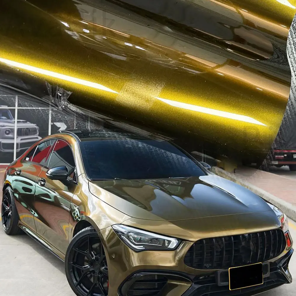 30CM Premium PET Hochglänzende Flüssigmetallische Gold-Vinylfolie für Auto und Motorrad mit Luftkanälen, Mitternachtsgold, Farbwechsel-Folie