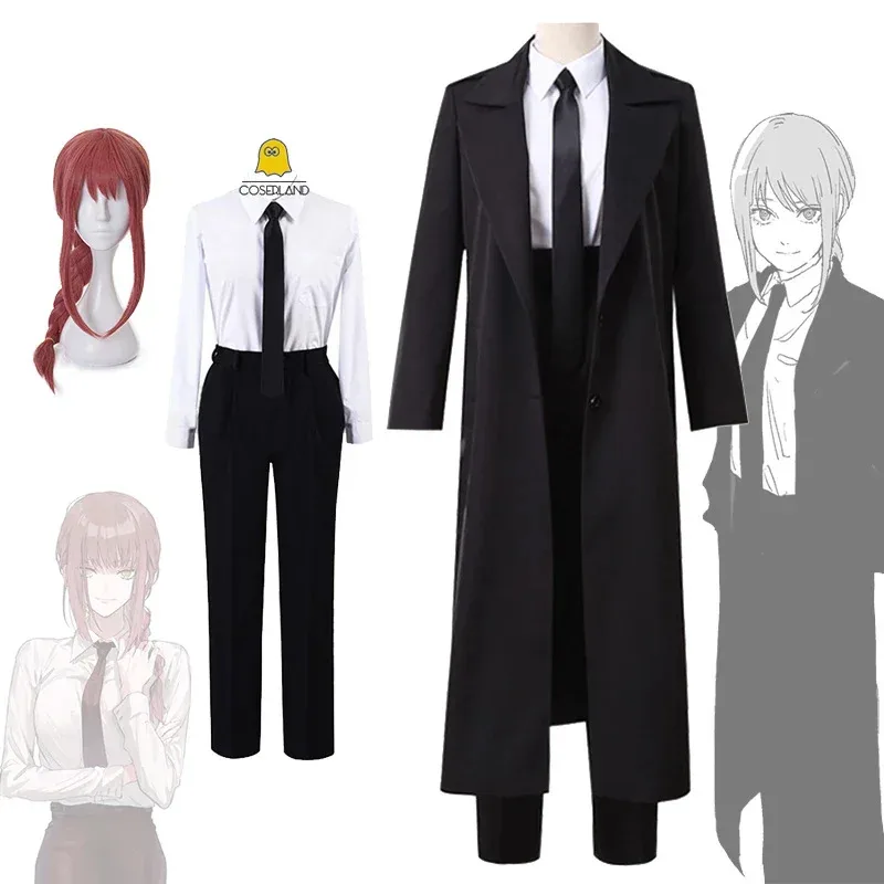 Disfraz de Cosplay de Anime para hombre y mujer, gabardina negra, camisa, corbata, pantalones, peluca Makila, trenza larga roja clara, uniforme, 2025