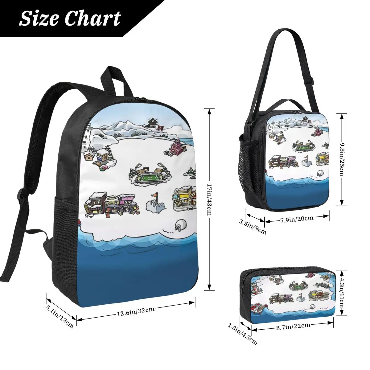Club Penguin M Backpack Student BookBag School Bag Laptop Shoulder Bags 3ps Insulated Lunch Bag Pencil Case