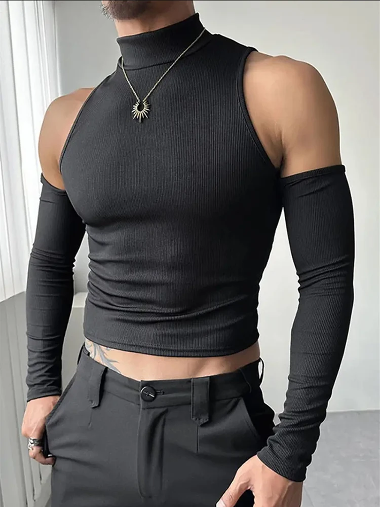 Daily Casual Men's Slim T-shirts Spring Autumn New Fashion Hollow Out Knitting Jumper Tops For Men Vintage Turtleneck Pullovers