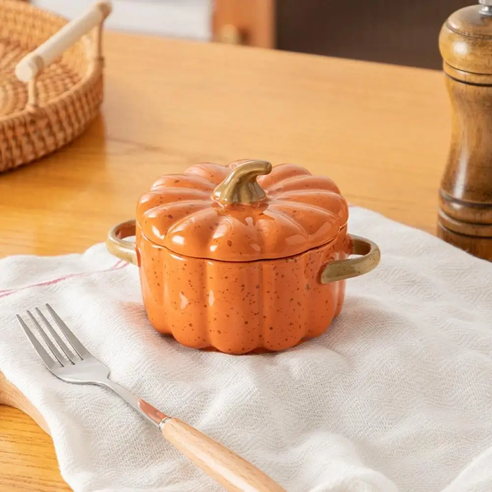 Pumpkin Bowl Set With Lid Handle Ceramic Soup Pot Creative Pumpkin Shape  Binaural Soup Bowl Household Halloween Decoration