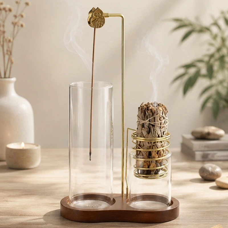 Glass Debris Vessel Scent Stand with Wooden Platform, Grip and Spring Cradle for Fragrant and Herb Clusters J0MC
