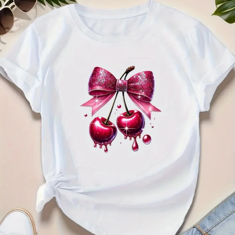 

Women's Casual Short Sleeve T-Shirt Black Fit Round Neck with Bright Geometric Cherry Print Harajuku Short Sleeve Casual