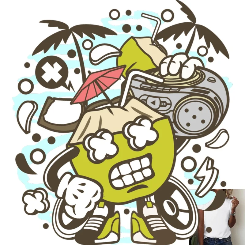 Trendy Cartoon Coconut Man Heat Transfer White Ink Iron - on Patch, Suitable for T - shirts/Canvas Bags, Summer Casual & Street - zdjęcie 1