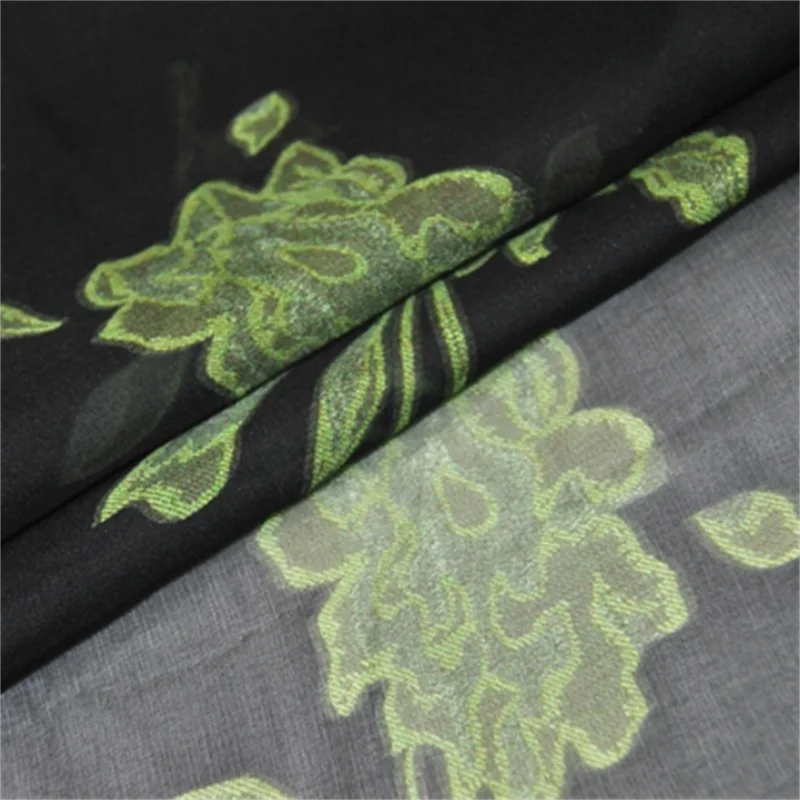 Hot Sale Silk Chiffon Fabric Large Green Floral Printing Design Elegant Style Chinese Supplier for Lady Popular Dress