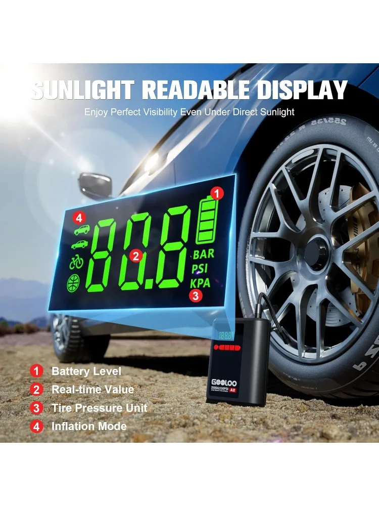 A2 8-in-1 Jump Starter مع ضاغط هواء، معزز بطارية السيارة 2500 أمبير (حتى 8 لتر غاز/6 لتر ديزل) 150 رطل لكل بوصة مربعة إيقاف تلقائي لاسلكي