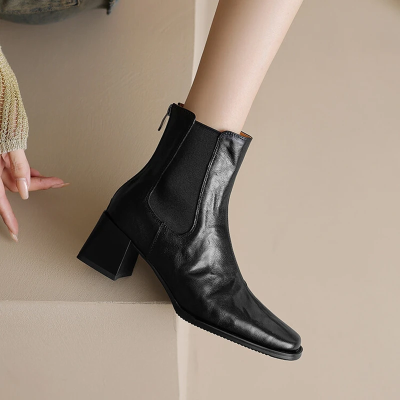 NEW Autumn Women Boots Genuine Leather Shoes for Women Square Toe Chunky Heel Shoes Zipper Modern Boots Handmade Short Boots