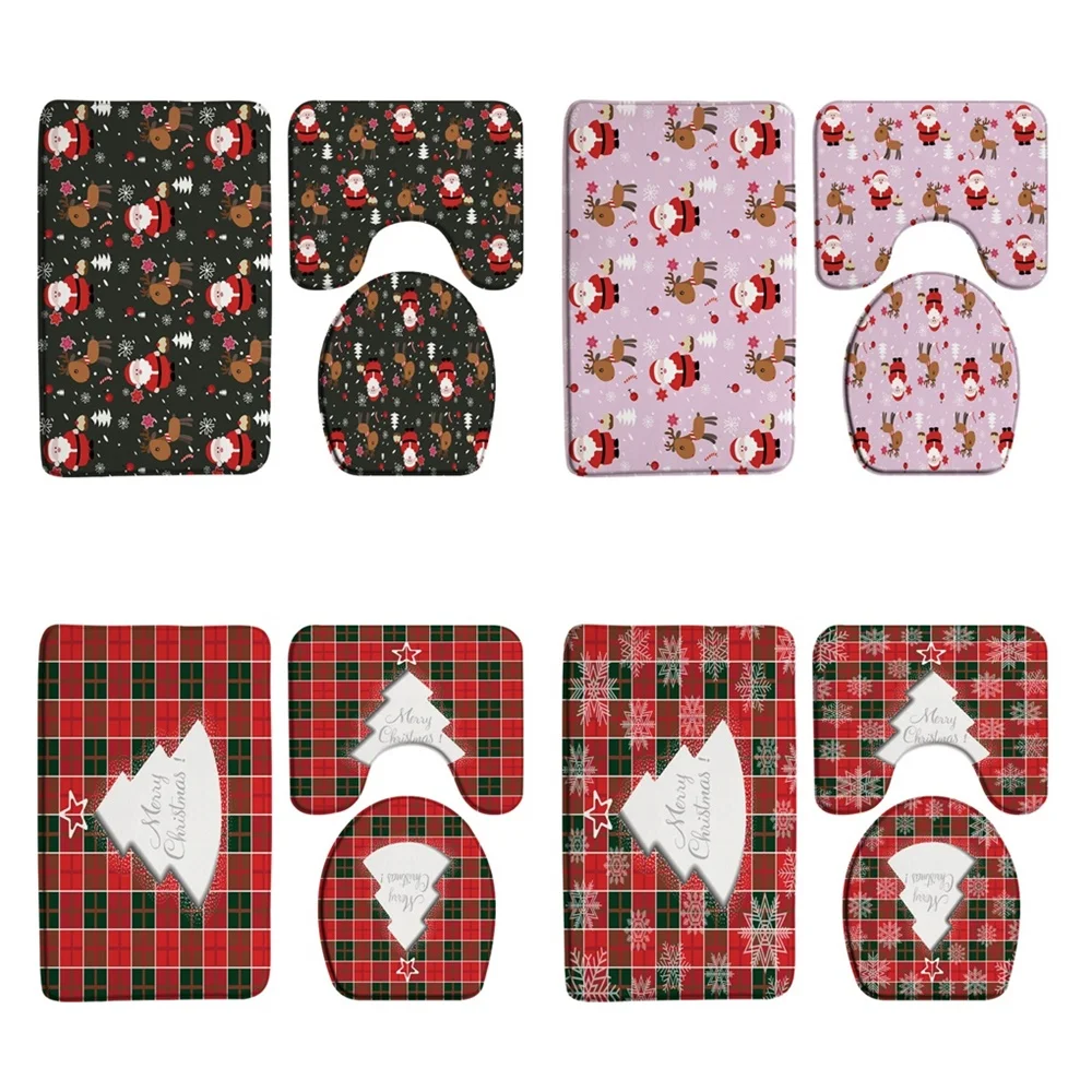 

3Pcs Christmas Red Buffalo Plaid Bath Rug Sets Xmas Tree Reindeer Santa Claus Kids Bathroom Mat Non Slip Carpet Toilet Lid Cover