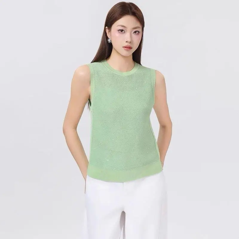 

Ouoma, лето 2029, женская вязаная майка с блестками, ажурный слив, круглый жилет, верхняя одежда, универсальная мода