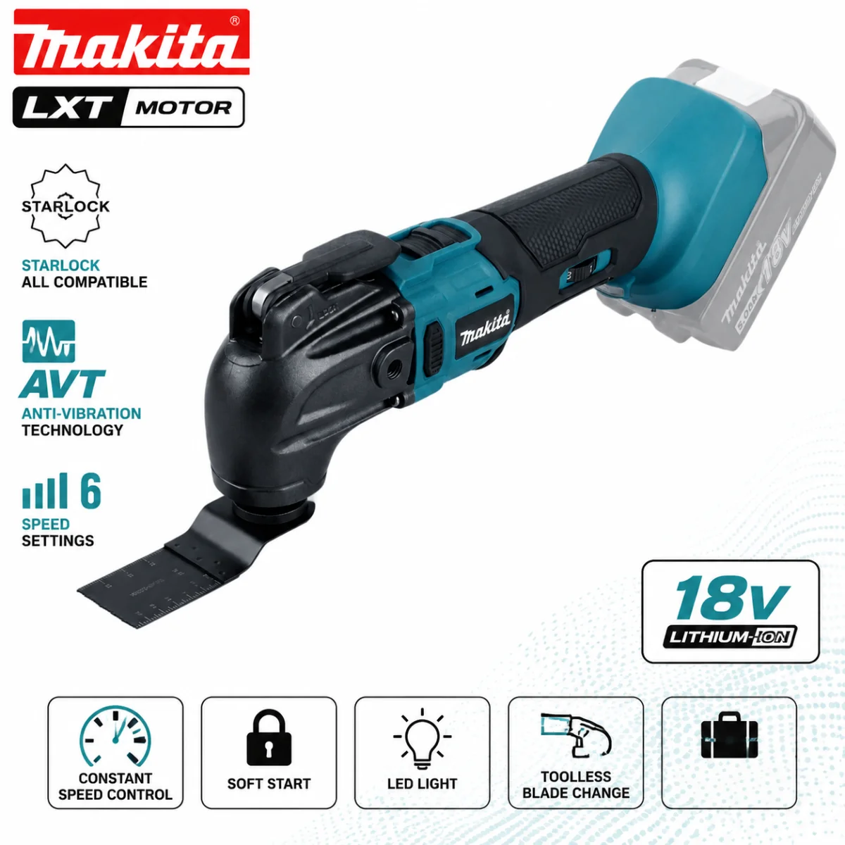 For 18V Battery 6‑Level Variable Speed Oscillating Multi‑Tool for Wood Metal Plastic Cutting Trimming, Makita DTM51 Power Tool