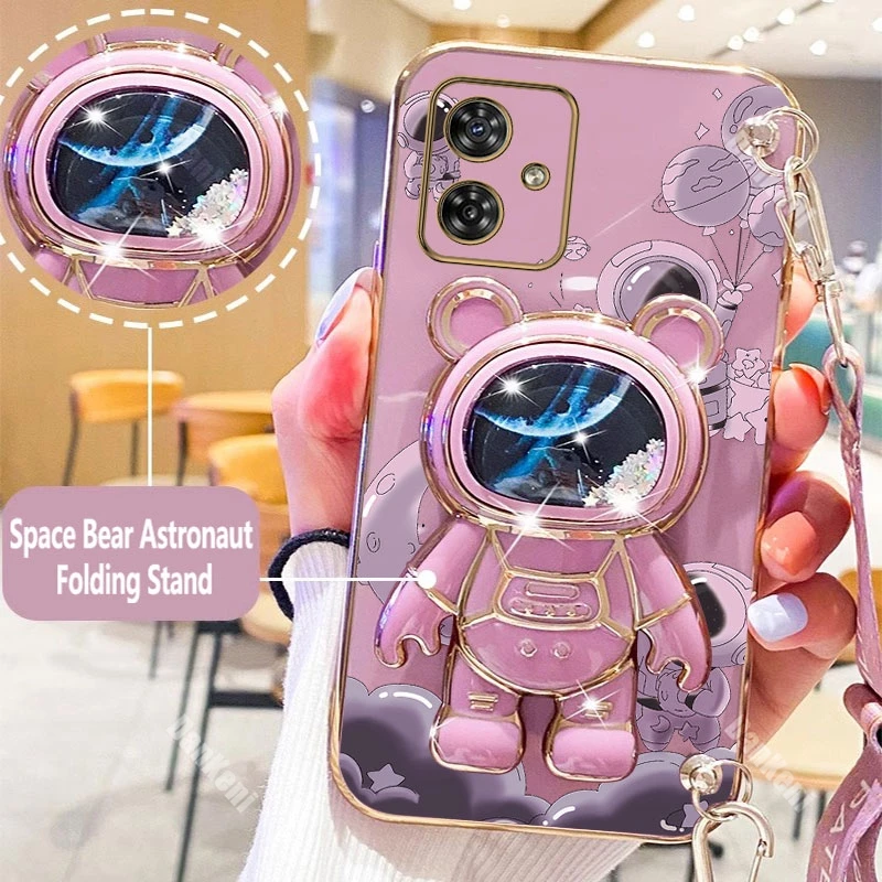 G54 Brave Astronaut Holder Lanyard Plating Phone Case For Motorola Moto G54 G53 G52 G60S G72 G84 G60 G42 G40F G73 G62 G82 Cover