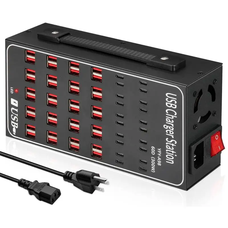 

Зарядная станция 60/50/40/30 портов 300 Вт/250 Вт/200 Вт/150 Вт USB C Зарядное устройство Умное зарядное устройство 60-в-1 Настольный зарядный концентратор Зарядная станция