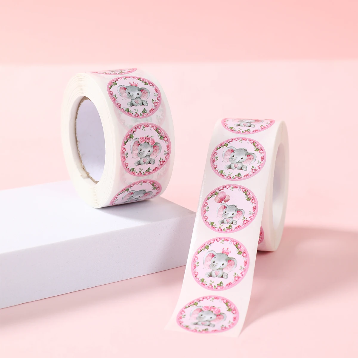 500 Uds. Pegatinas redondas de elefante rosa y azul, decoración para Baby Shower, niño y niña, etiquetas para fiesta, bautismo, cumpleaños, género, suministros para fiestas
