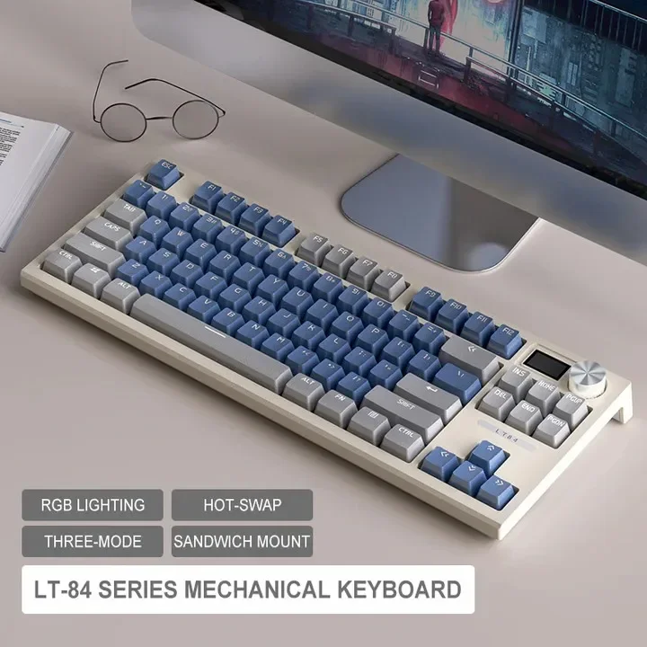 Langtu LT84 Mechanical Keyboard TKL 84Keys PBT Keycap Hot Swappable RGB Wireless Tri-Mode Sea Air Switch with Knob and Display