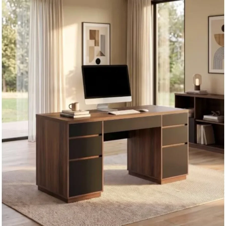 Executive Computer Desk with Storage, 63'' Size, Engineered Wood, Black, 7-drawer Organization and Cable Management