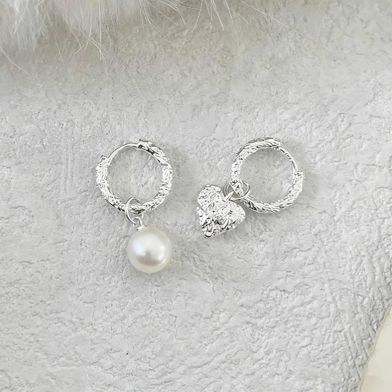 

PONYKISS 925 Sterling Silver Heart Pearl Pendant Hoop Earrings for Women Cute Fine Jewelry Minimalist Asymmetric Accessories