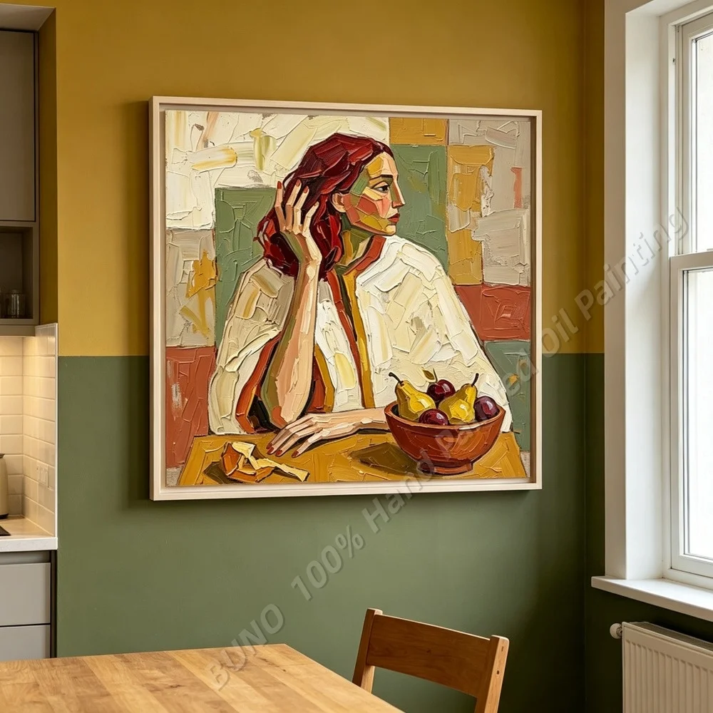 Hand Painted Original Oil Woman Hat Martini Abstract Figure Wall Art Decor for Living Room Bedroom Home Gift