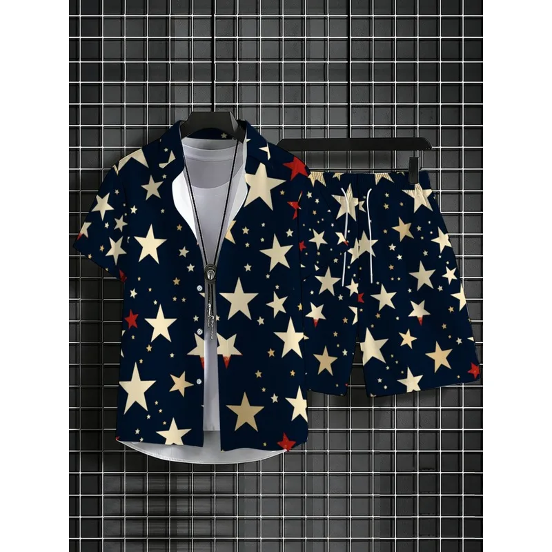 Men's Printed Star Navy Blue White Red Star Lightweight Polyester Beach Outdoor Home Shirt & Pants Set view 3