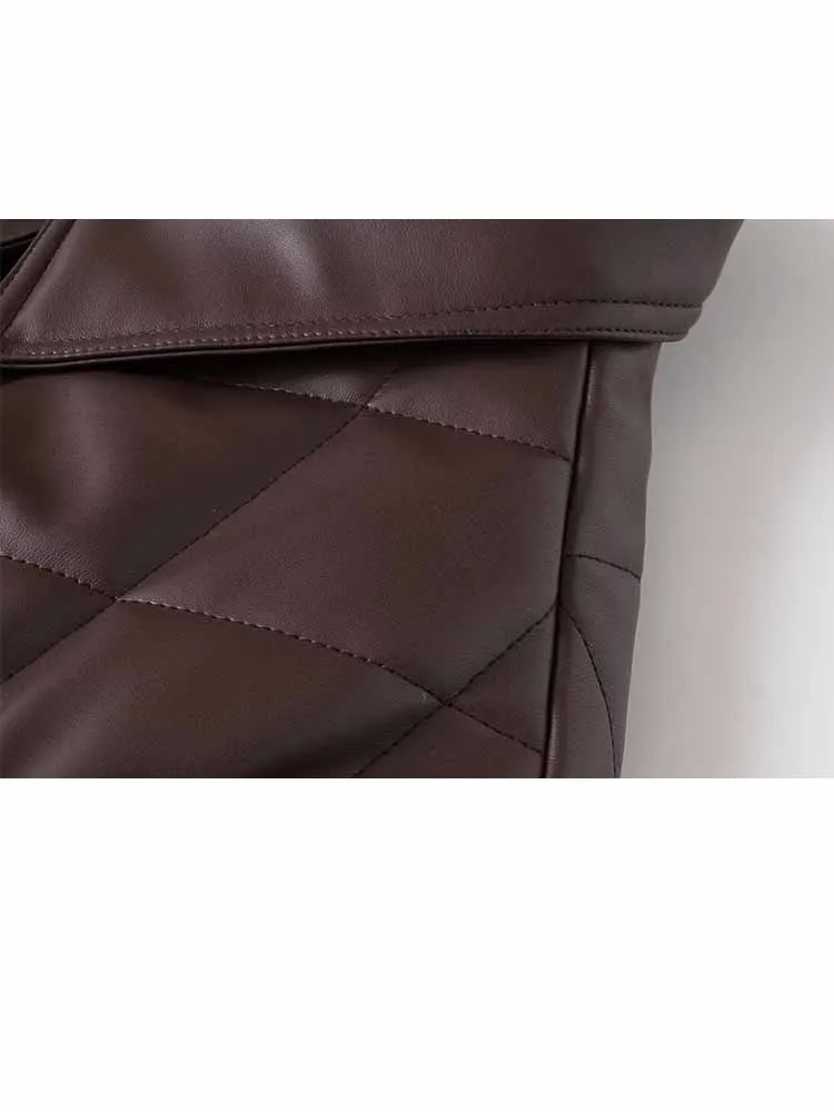 HH Vrouw Vroege lente mode Comfortabele lange mouwen Revers Quilten Kunstmatige Pu-leren jas Vrouwelijke casual veelzijdige jas