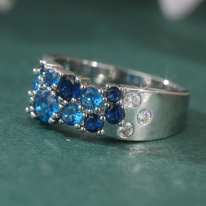 Trendiger Eingelegter Blauer CZ Damenring Silberfarben Geometrisch Tägliches Tragen Verlobungs-Party-Geschenk Schmuck – Detail 2