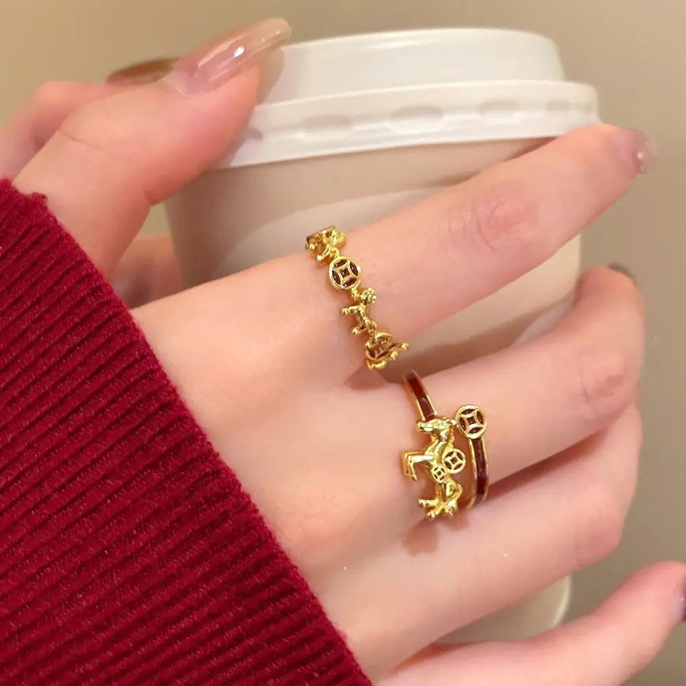 Stackable Good Luck Zodiac Horse Ring Adjustable Red Style New Year Rings Shiny Jewelry Opening Ring Decoration