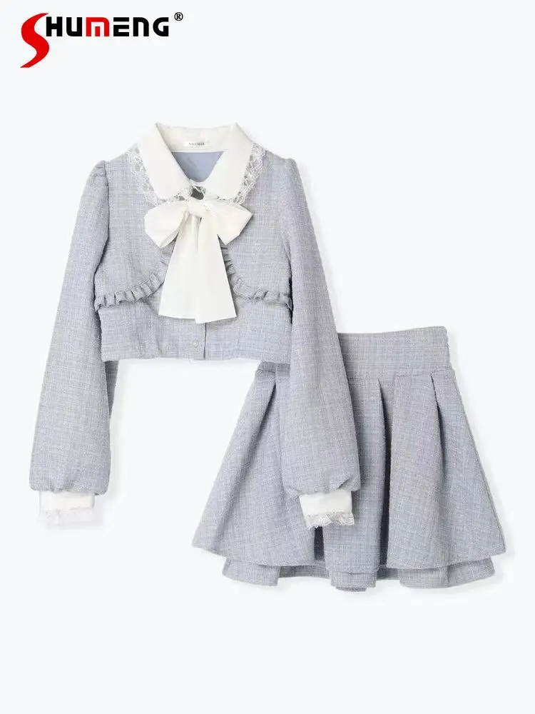 

Japanese Sweet Bow Outfits 2024 Spring New Long Lantern Sleeve Lace Stitching Tweed Coat Ladies Pleat Short Skirt Set for Women