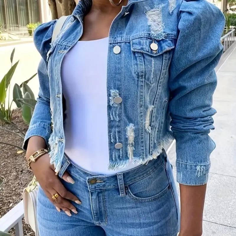 

Faionable Light Blue Fluffy Sve Denim Jaet ort Length Collar Special Wide Fit Autumn Season Men's Clothing