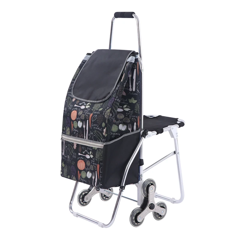 Can Sit Portable Shopping Bag with Wheels Trolley Seat Stool Tote Bag Shopping Cart Folding Climbing Stairs Storage Bags