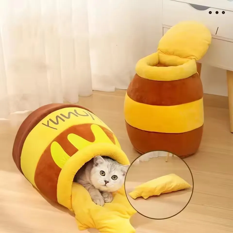 سرير قطط دافئ ومريح بيت عش الحيوانات الأليفة سرير للقطط وسادة ناعمة قابلة للإزالة نونسليب أسفل الكرتون قابل للغسل منزل وعاء العسل كهف #2