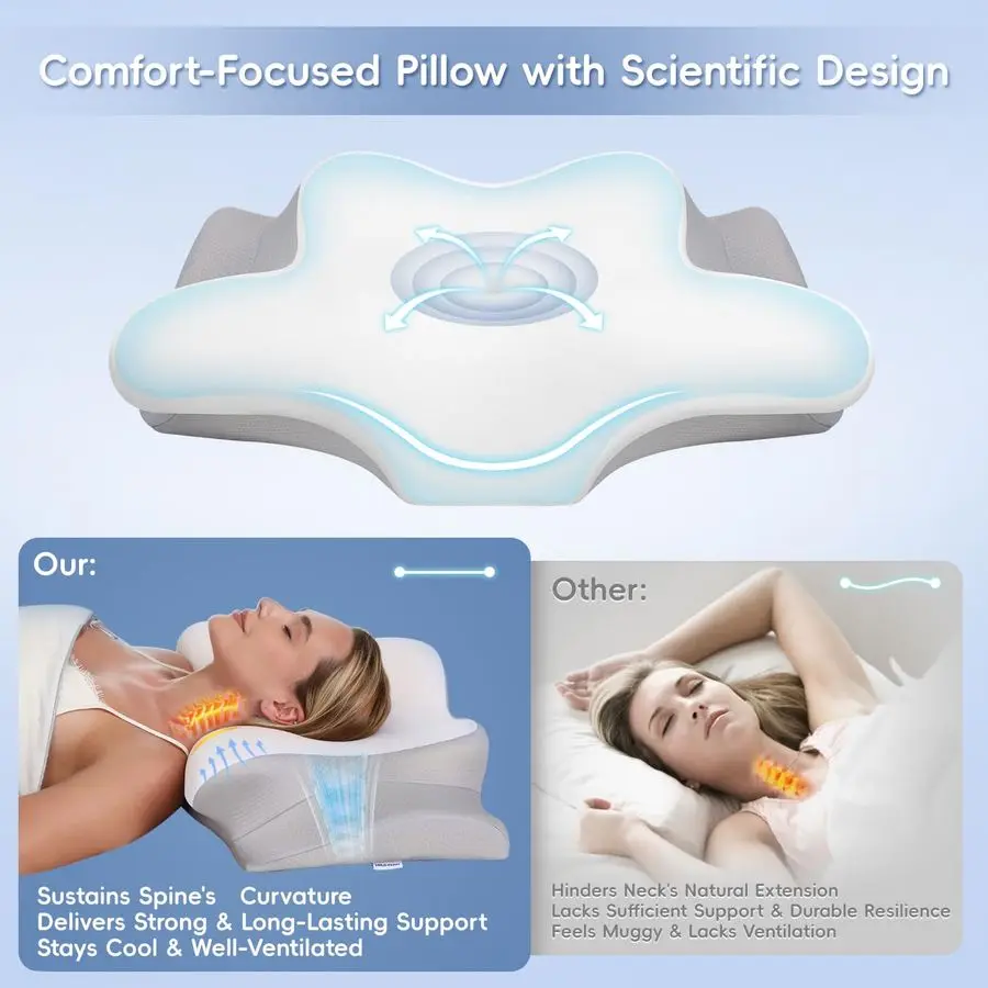 

Neck Pillow, Memory Foam Pillows for Neck and Shoulder Pain Relief, 2 Heights Ergonomic Pillow with Breathable Ice Silk Cover, N