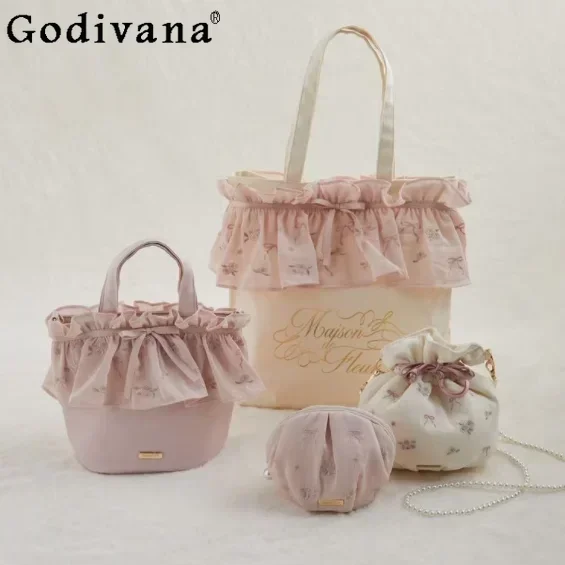 Japanese style French Embroidered Rose Ribbon Lotus Leaf Lace Canvas Tote Bag Sweet Women Girls Shoulder Bag Portable Handbags