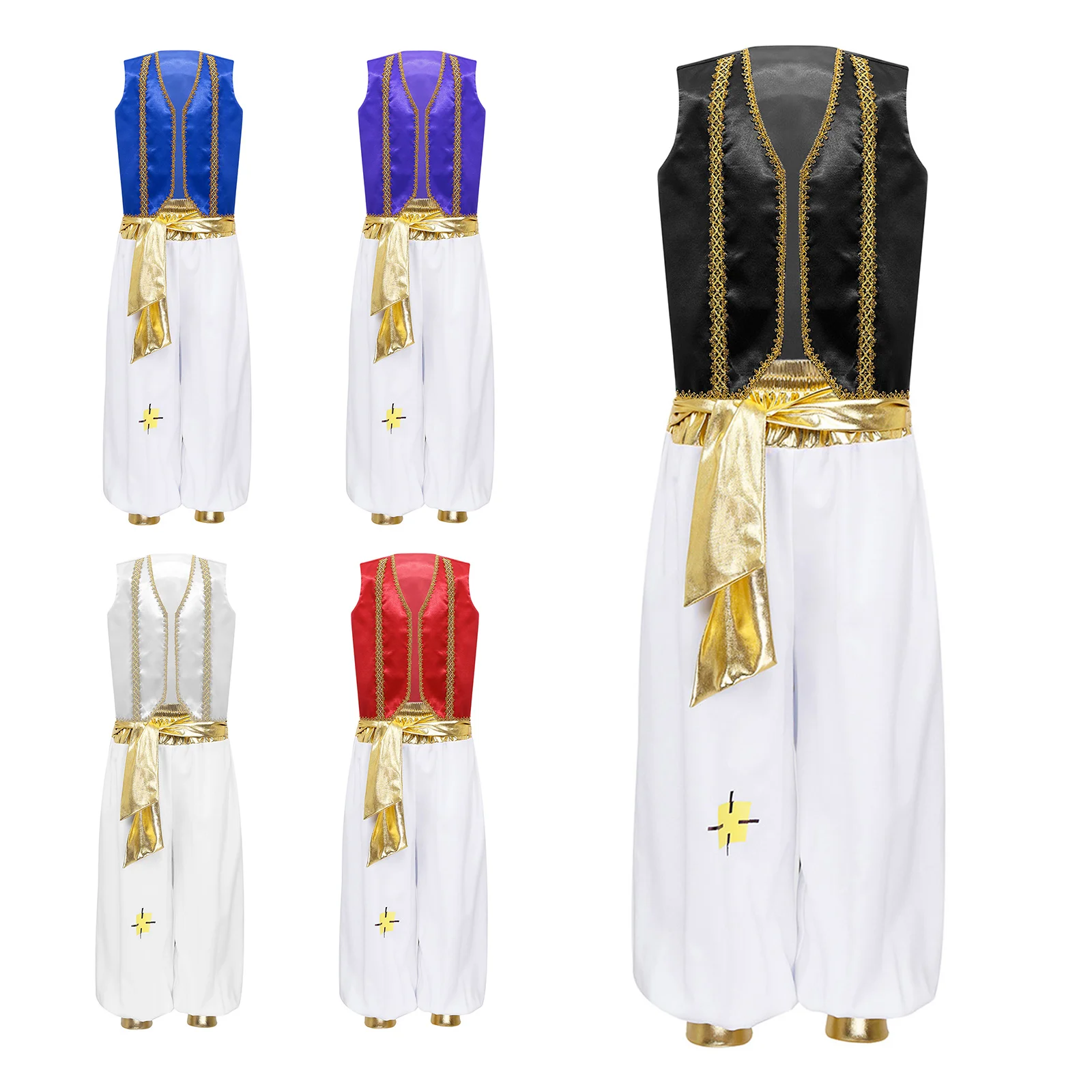 Children Boys Halloween Arabian Prince Cosplay Costume Set Sleeveless Braided Trim Vest with Pants Theme Party Role Play Clothes