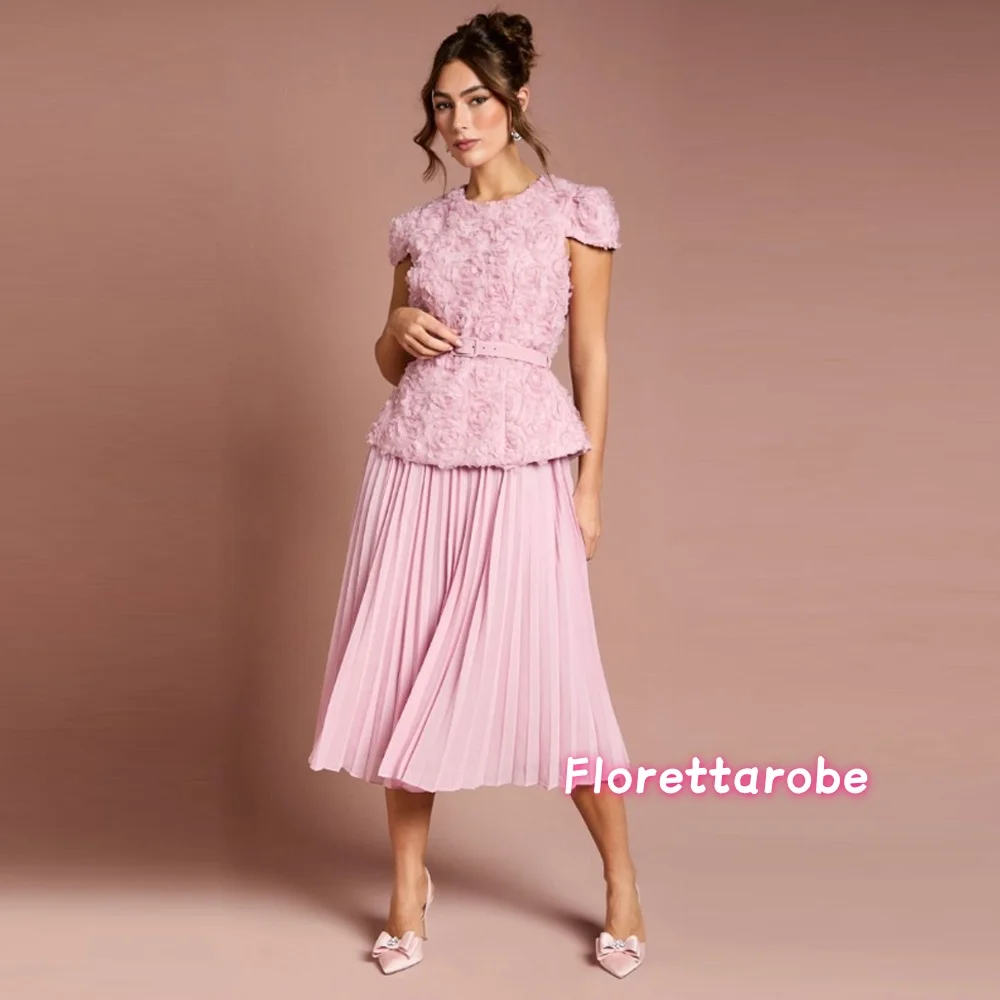 

Customized Intricate Matching Lace Flower A-line Prom Dress Scoop Neck Midi Dresses Evening Dresses Fashion With a Sashes