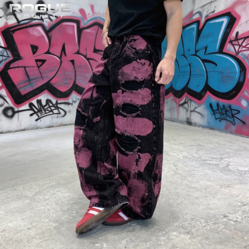 

New Streetwear Tie Dye Men Jeans Unisex Distressed Wide Leg Baggy Pants Y2k Grunge HipHop Casual Loose Vintage Trousers Harajuku