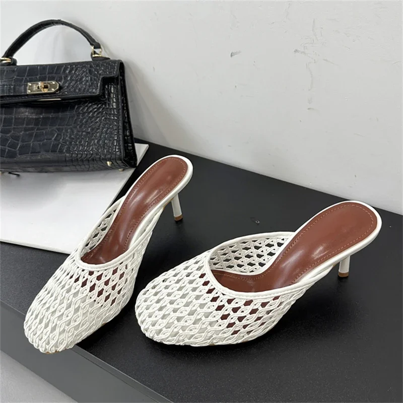 Eilyken Summer Hollow Out Breathable Mesh Weaving Women Slippers Fashion Thin Heels Party Dress Mule Shoes Large Size 43