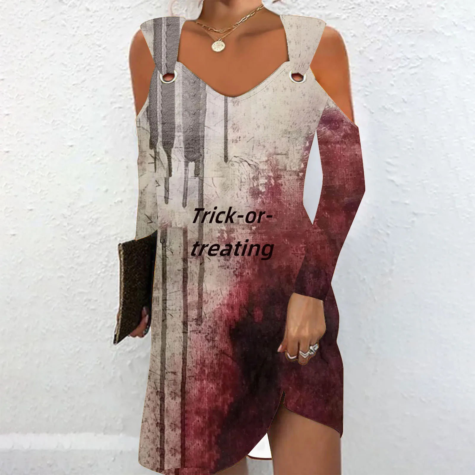 2024 Autumn Dresses For Women's Halloween Printed Long Sleeve Off Shoulder Hollow Women Dress Casual A-Line Female Vestidos