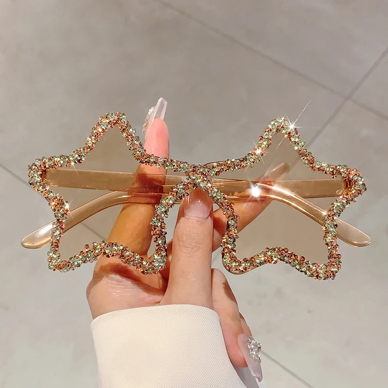 KAMMPT Luxury Crystal Star Shape Sunglasses Women Trends Rhinestone Shiny Sun Glasses Chic Rimless Personalized Shades for Decor