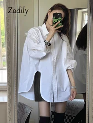 Zadily 2024 Spring Office Lady Full Sleeve Women White Long Shirt Minimalist Oversize Button Up Ladies Blouse Irregular Top