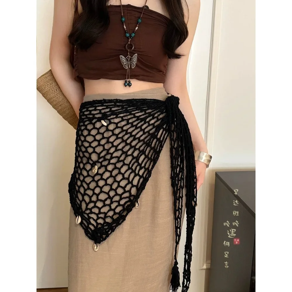 Retro Fishnet Butt Curtain for Women Headscarf National Style Mini Skirt with Tassel Shell Design Apron Wrap Skirt Streetwear