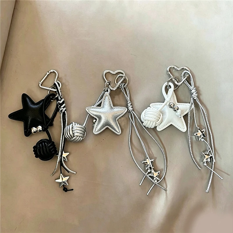 Niche Black and White Star Keychain Leather Star Braided Rope Mix-And-Match Pendant Street Style Bag Decoration Accessory