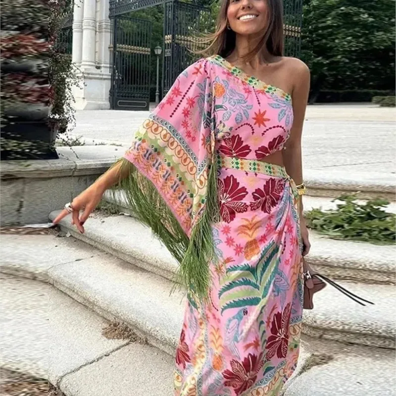 

Vintage Bohemian Printed Dress Women Summer Fashion Off Shoulder Hollow Out Robe Female Summer Single Sleeve High Waist Dresses